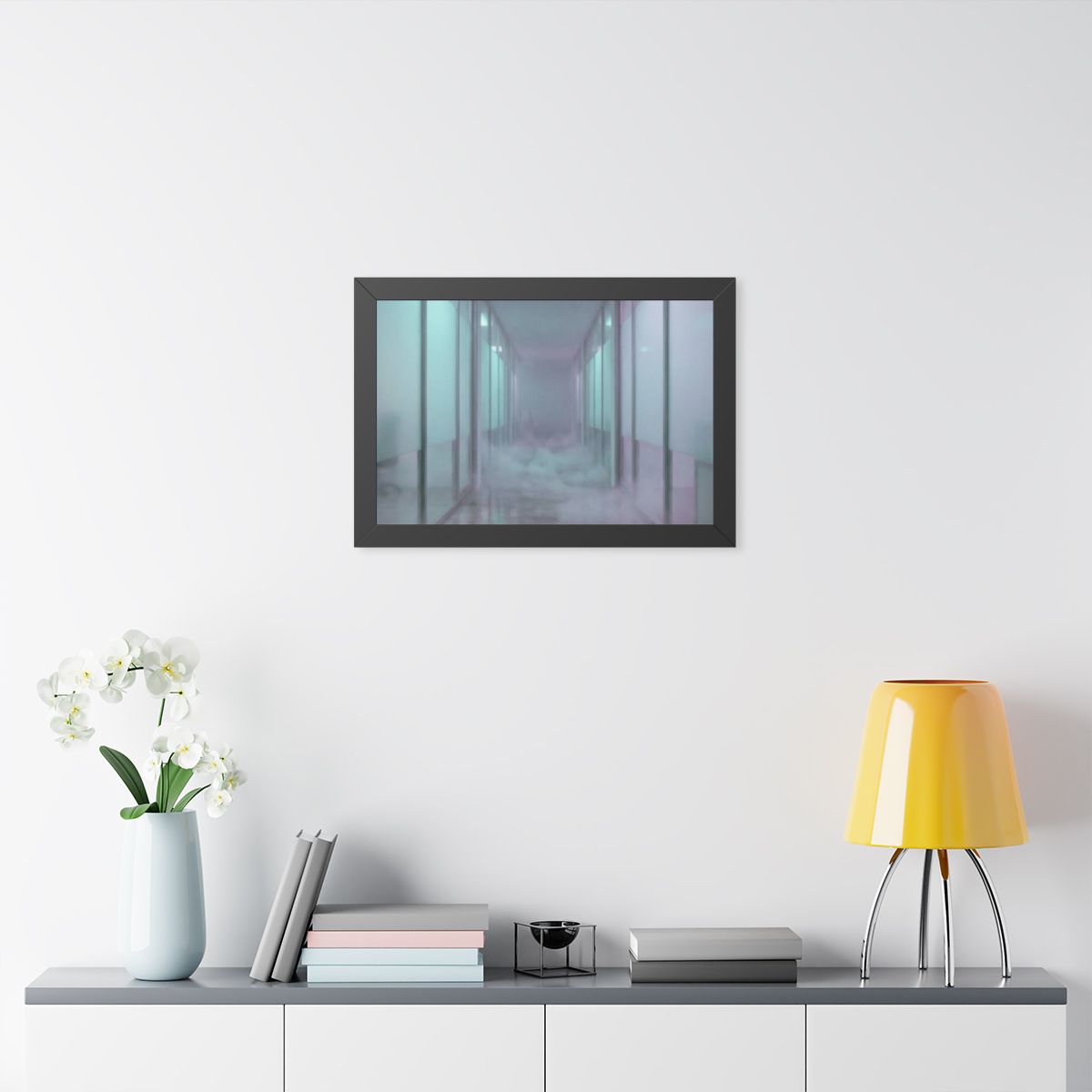 Framed Horizontal Poster - Liminal Corridor Fog Art Print —...