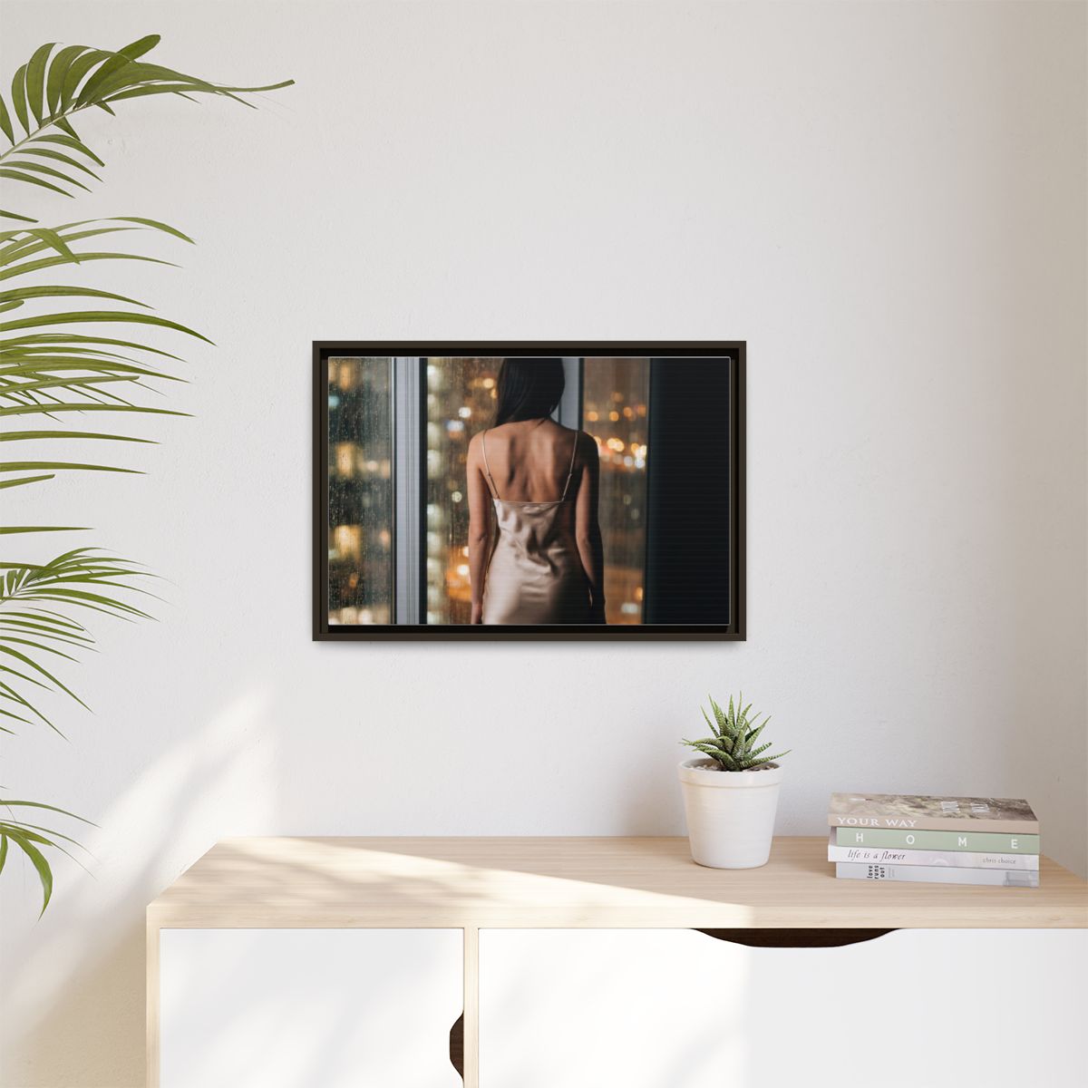 Matte Canvas, Framed - Rainy City lights Glow — Espresso /...
