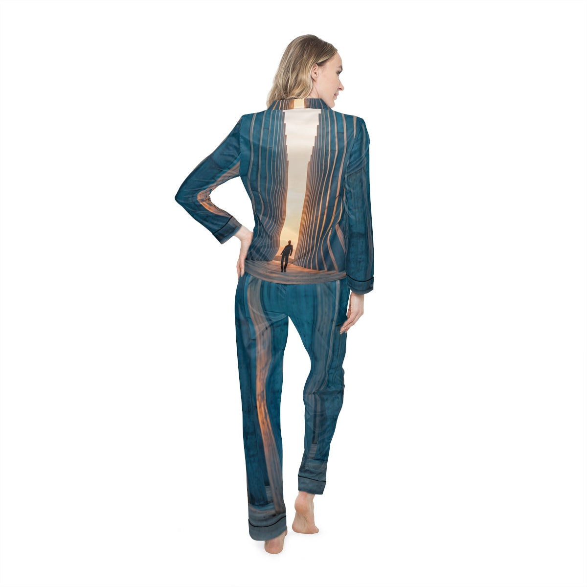 Women's Satin Pajamas with Concrete Monolith Art