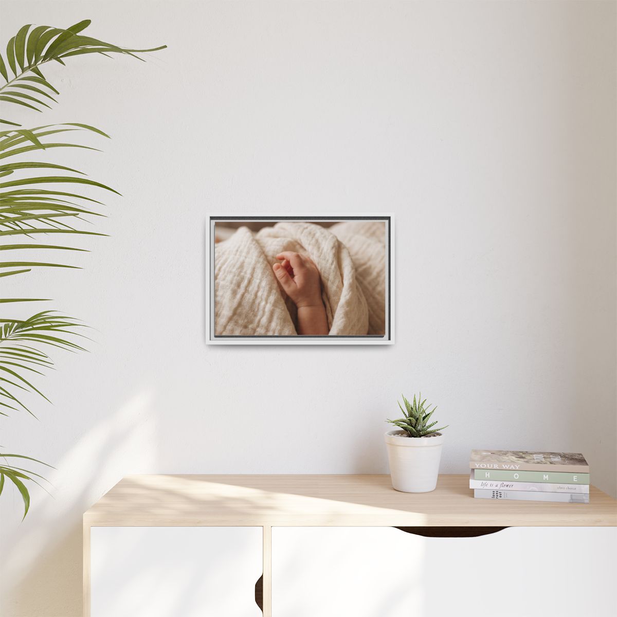 Matte Canvas, Framed - Tender Newborn Hand in Soft Muslin......
