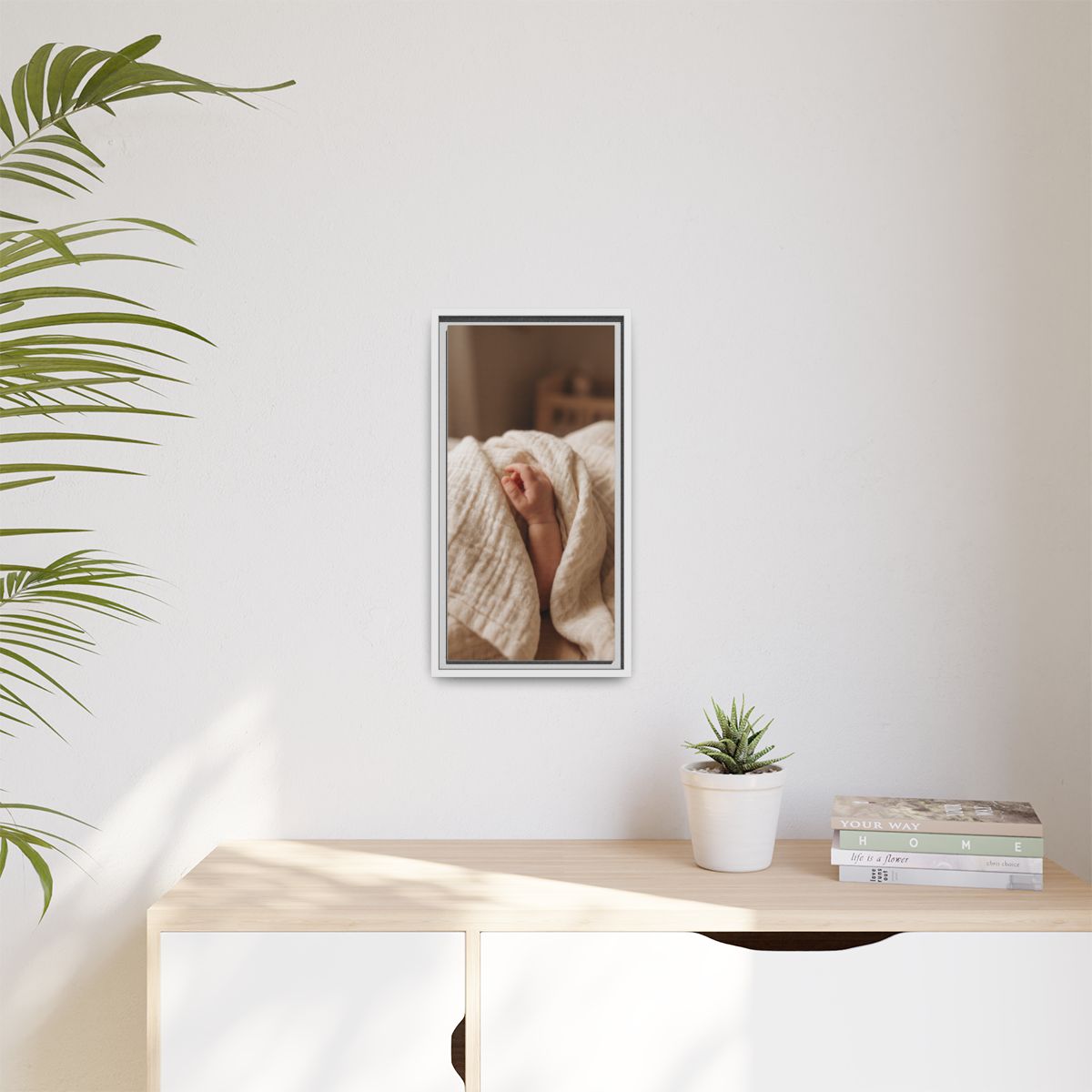 Matte Canvas, Framed - Tender Newborn Hand in Soft Muslin......