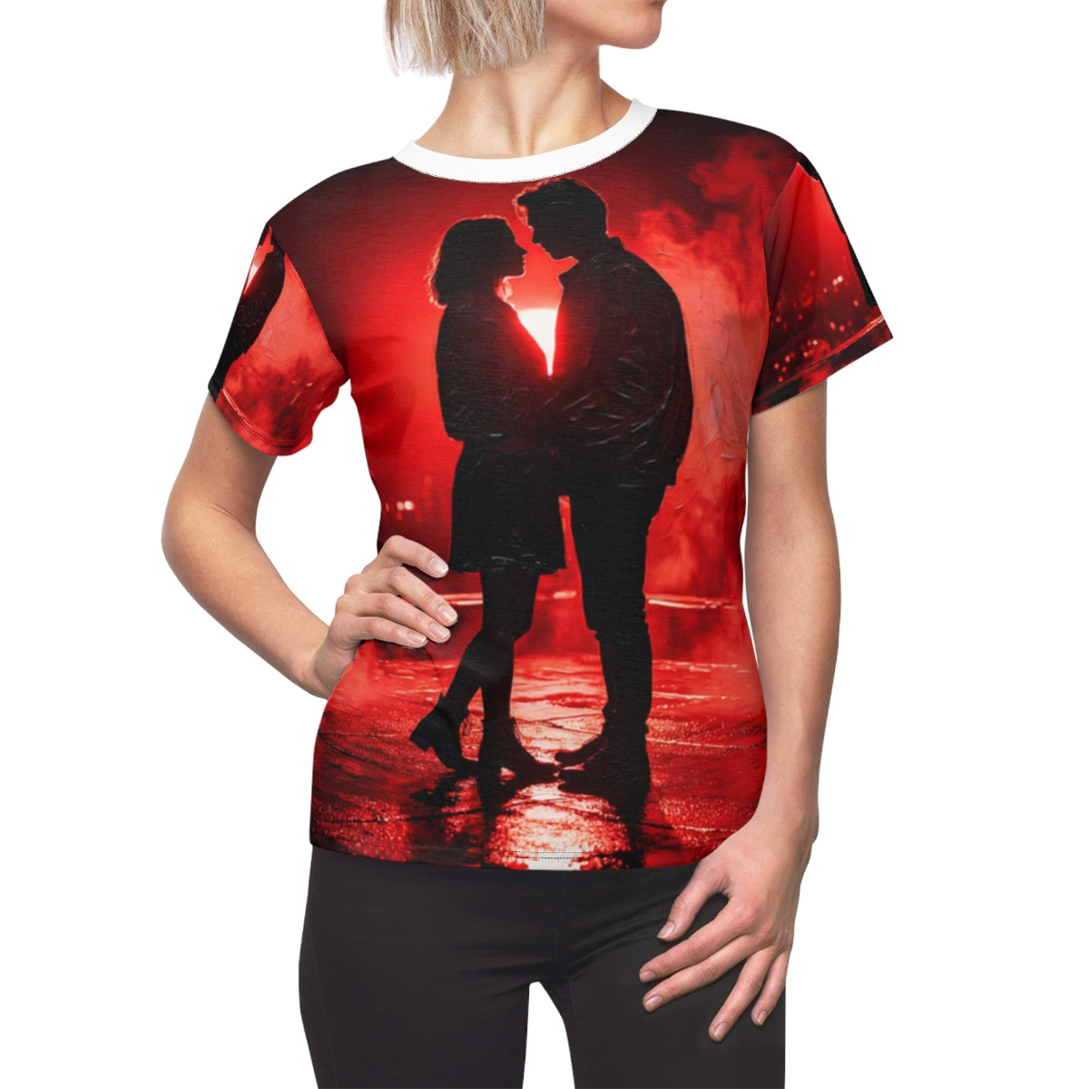 Women's Cut & Sew Tee - Crimson Midnight Rooftop Embrace Art...