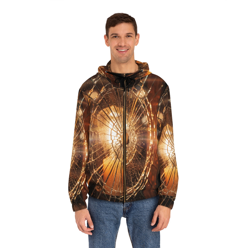Men's Full-Zip Hoodie - Shattered Amber Broken Glass Art |...