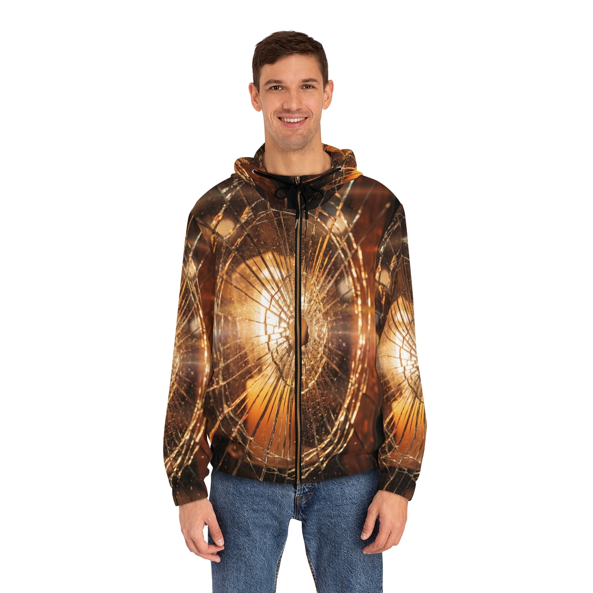 Men's Full-Zip Hoodie - Shattered Amber Broken Glass Art |...