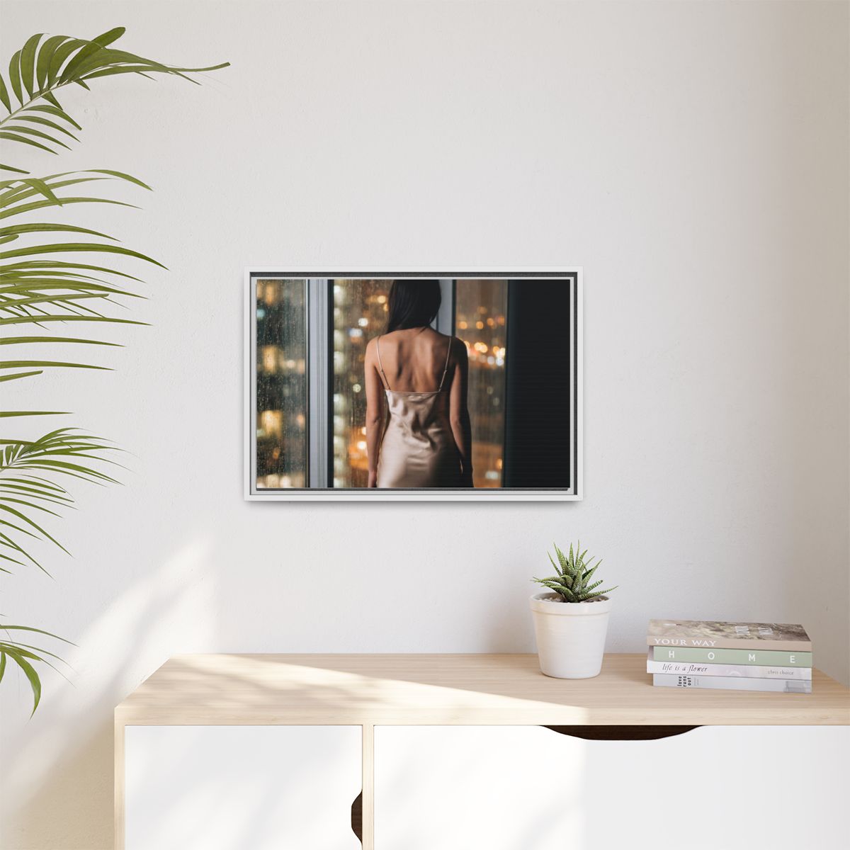 Matte Canvas, Framed - Rainy City lights Glow — White /... |...