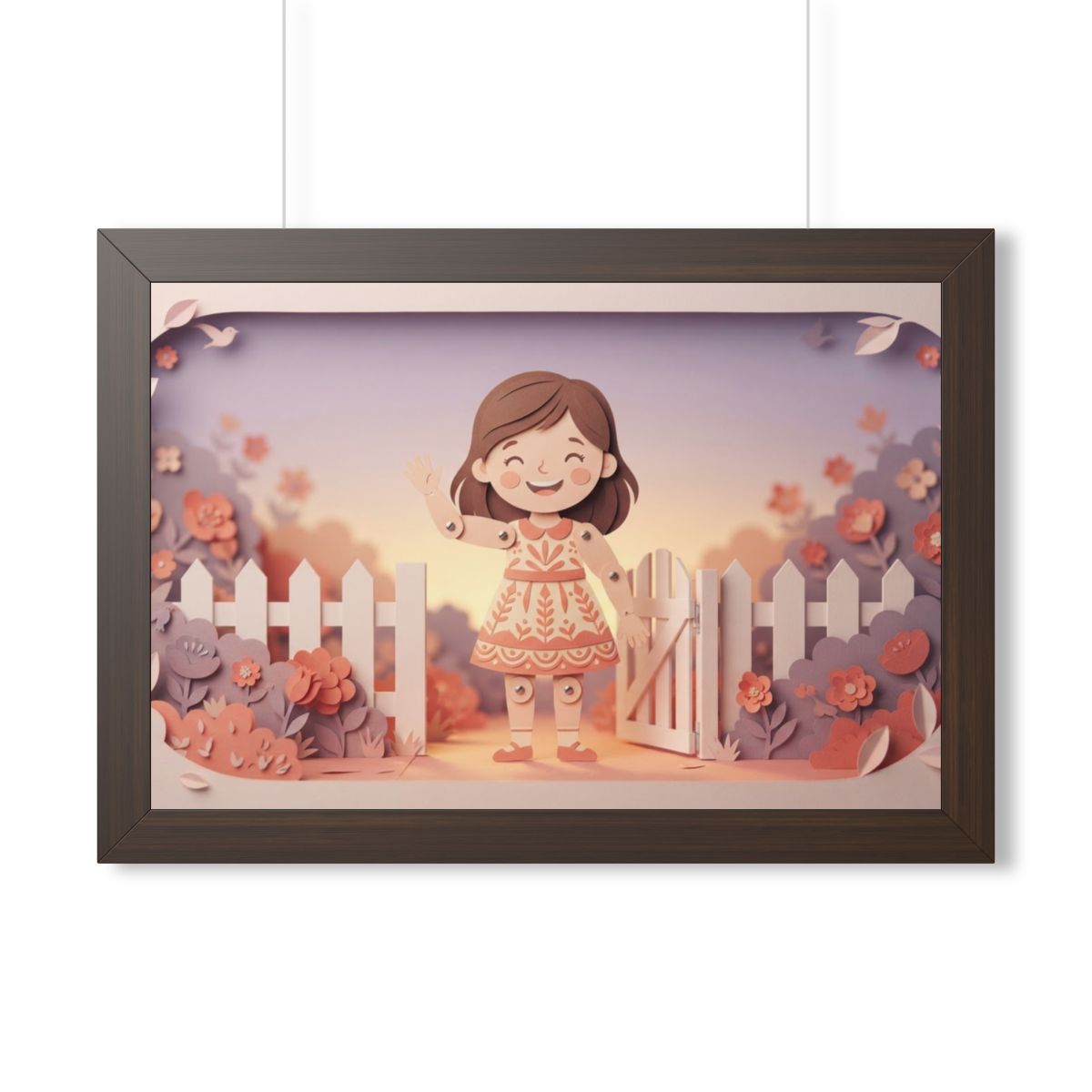 Framed Horizontal Poster - Garden Girl Gate — Walnut (14×11...