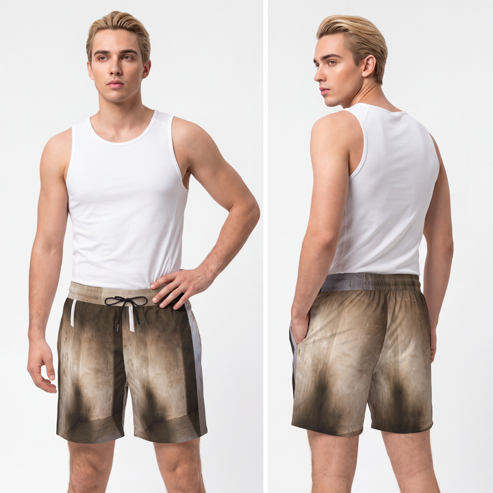 Men's Mid-Length Swim Shorts - Shadows of the Citadel moody architectural print