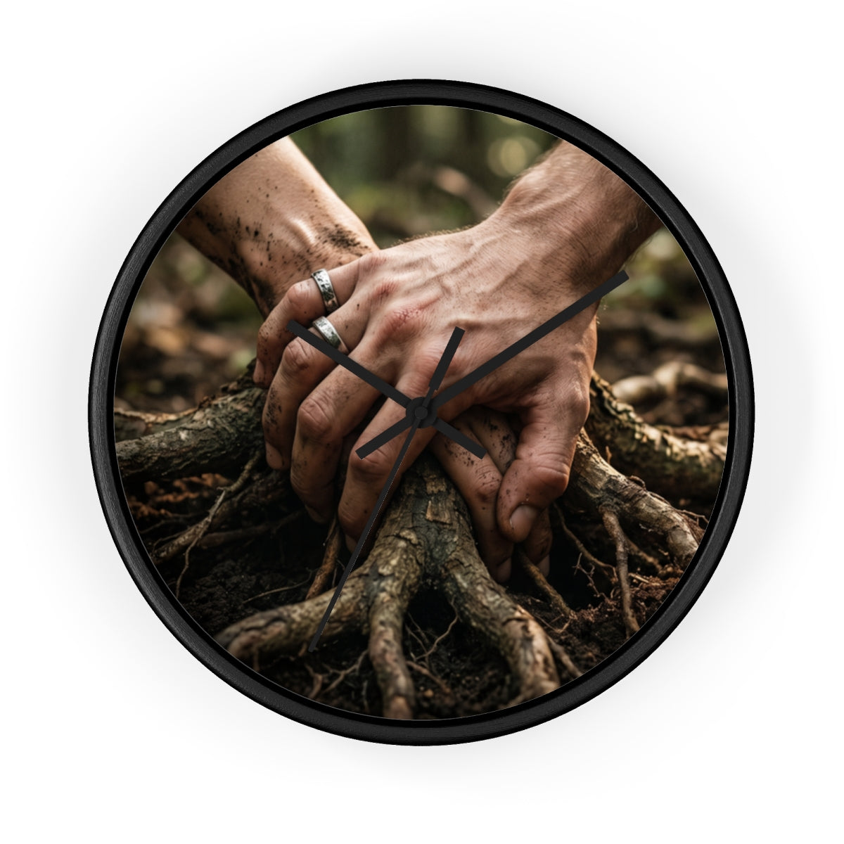 Forest Roots Wall Clock with Dirt Hands Art