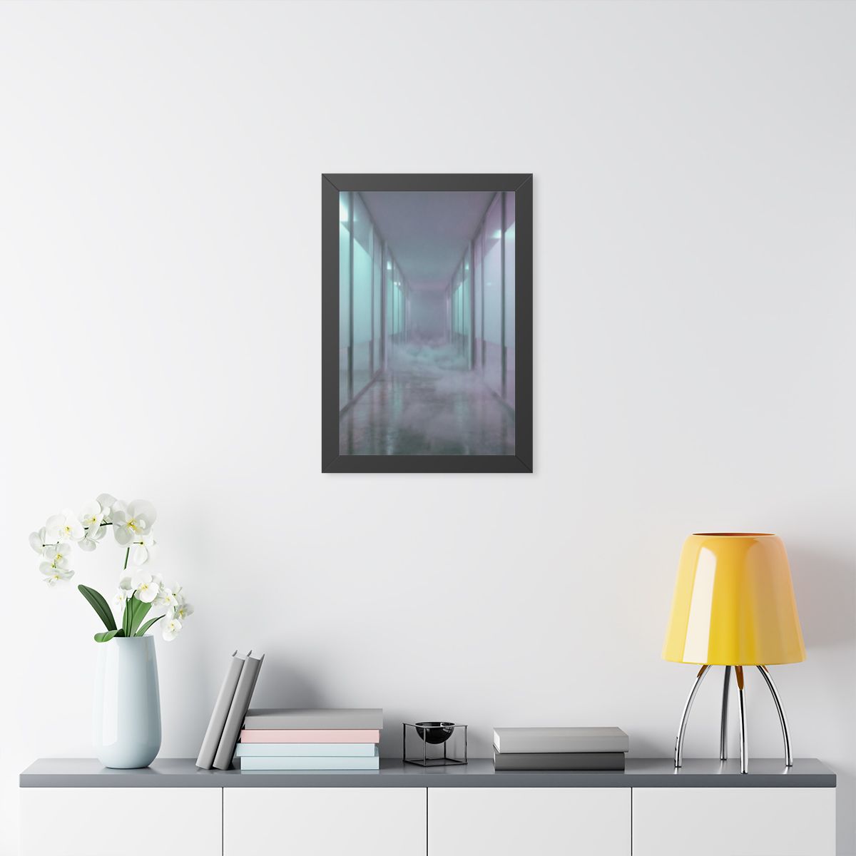 Framed Vertical Poster - Liminal Corridor Fog Art Print —......