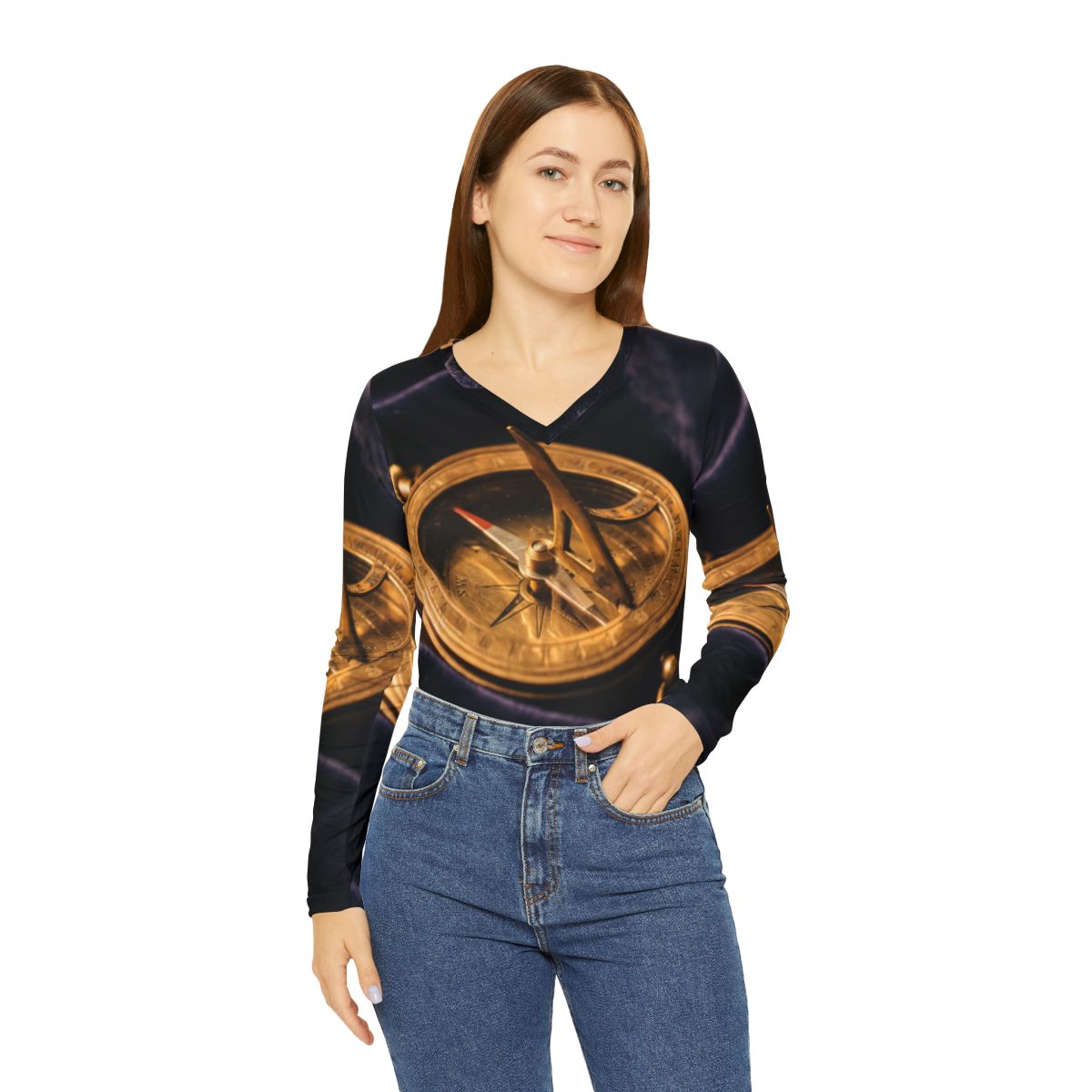 Women's V-Neck Shirt with Brass Sundial Art
