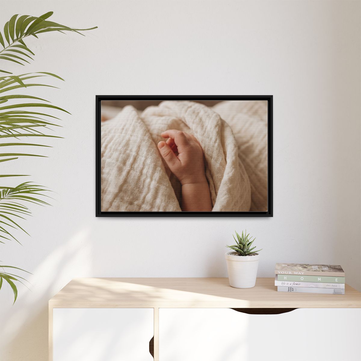 Matte Canvas, Framed - Tender Newborn Hand in Soft Muslin......