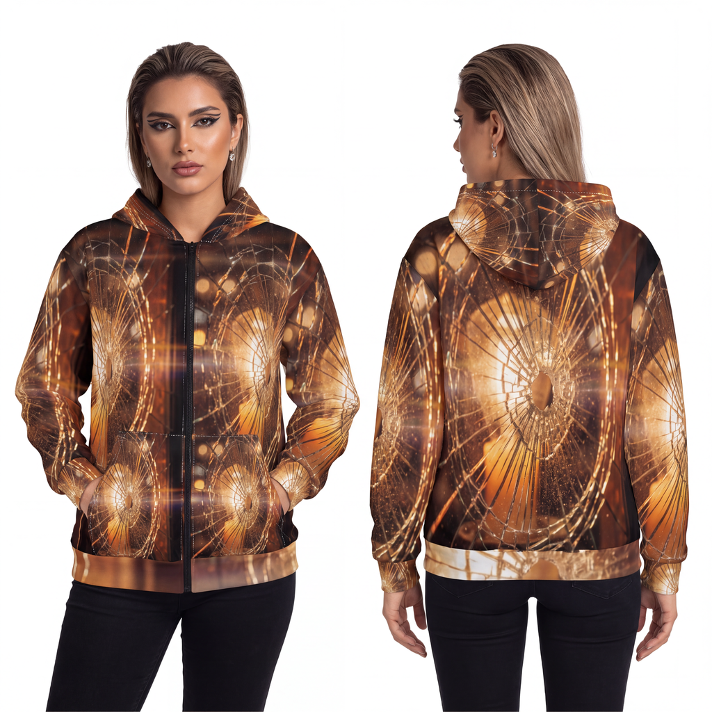 Unisex Zip Hoodie - Golden Fractures Shattered Glass Art |...