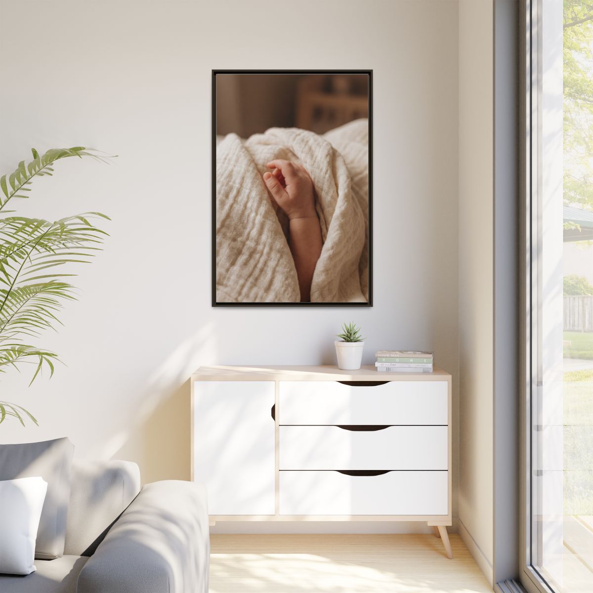 Matte Canvas, Framed - Tender Newborn Hand in Soft Muslin......