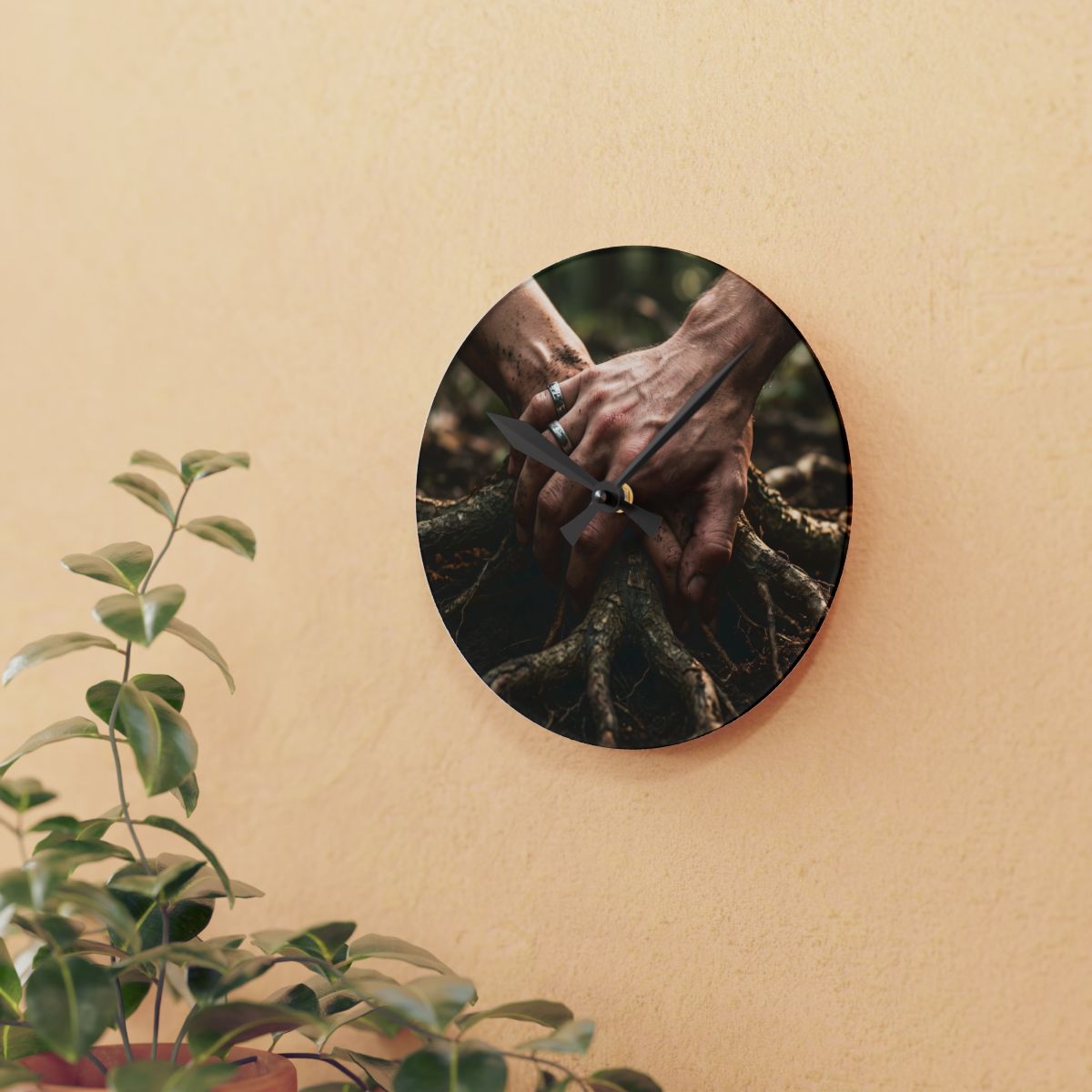 Acrylic Wall Clock Forest Roots Hands Art
