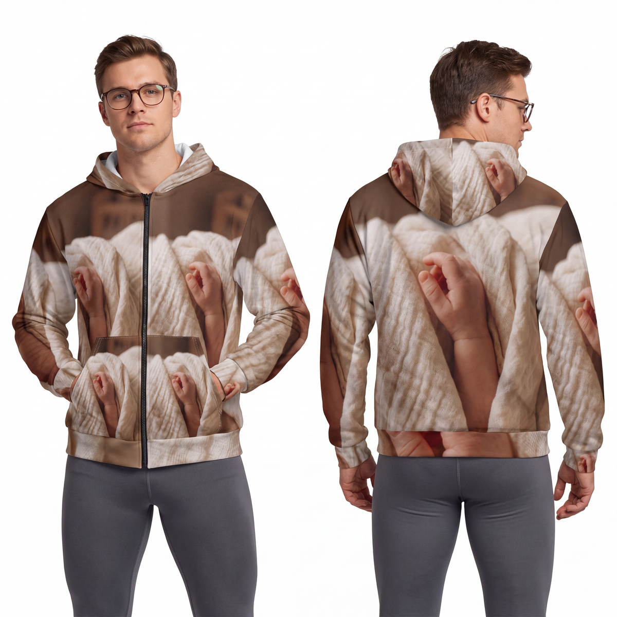Unisex Zip Hoodie - Tender Newborn Hand in Soft Muslin... |...