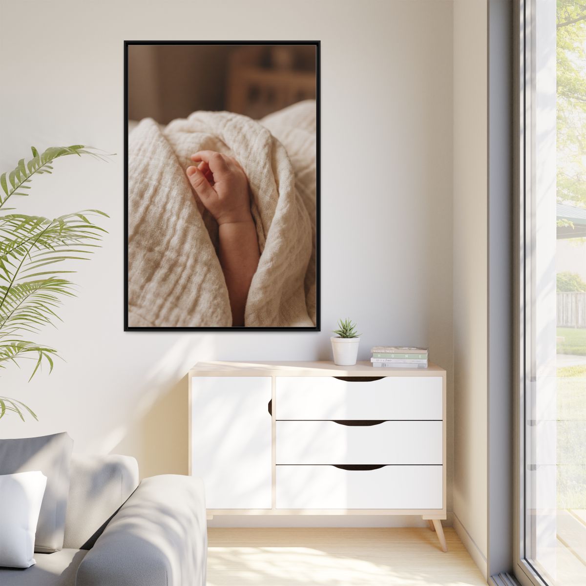 Matte Canvas, Framed - Tender Newborn Hand in Soft Muslin......