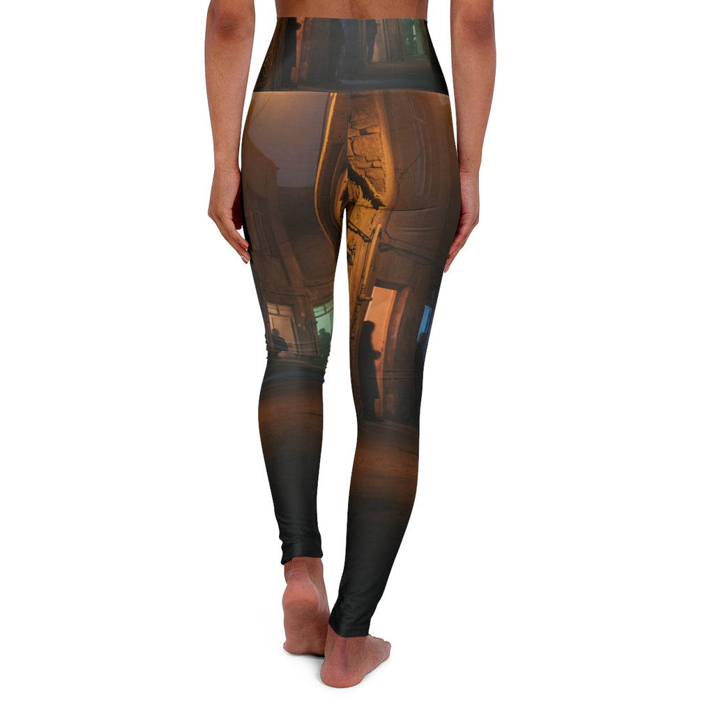 High Waisted Yoga Leggings - Shadowed Alleyway Mystery Art...