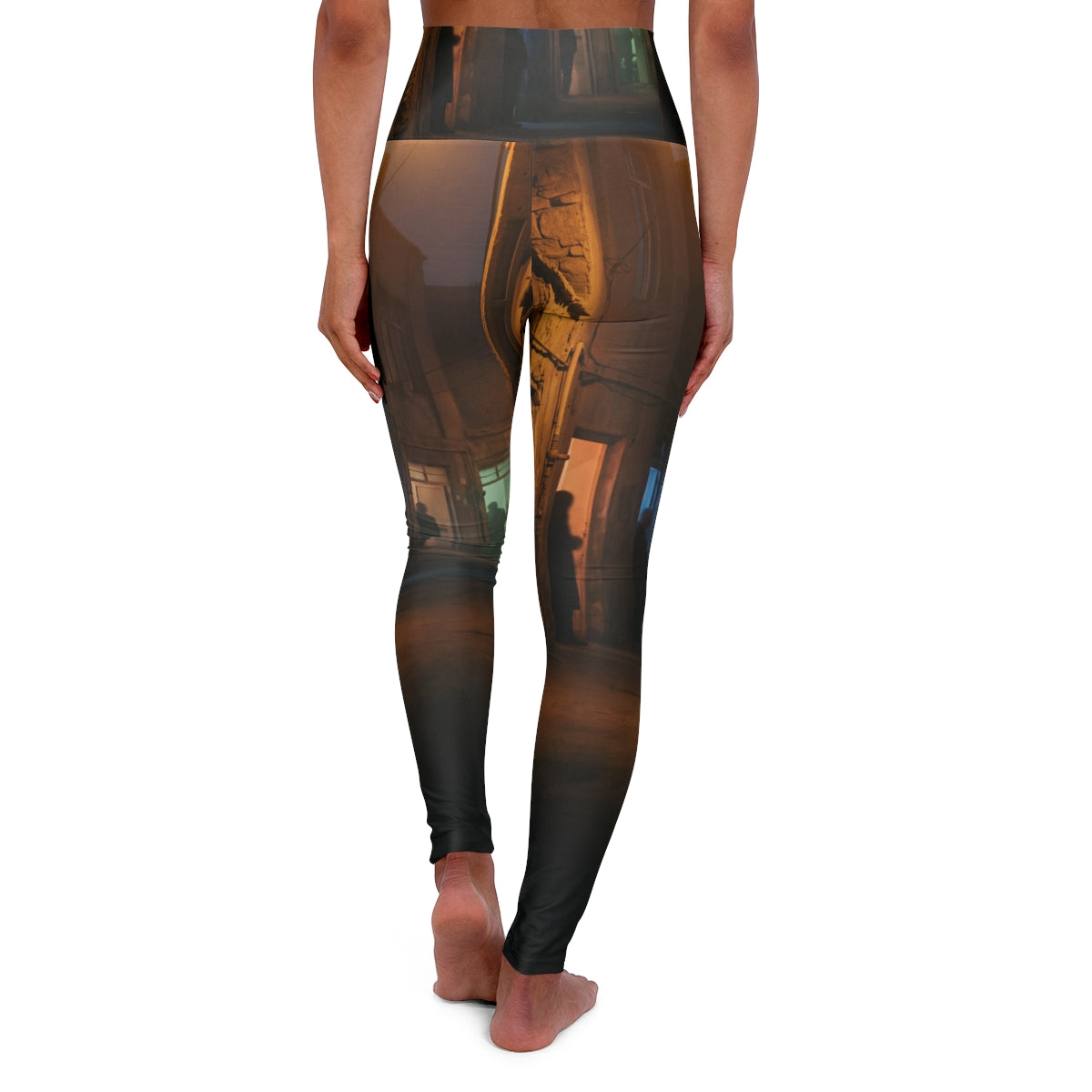 High Waisted Yoga Leggings - Shadowed Alleyway Mystery Art...