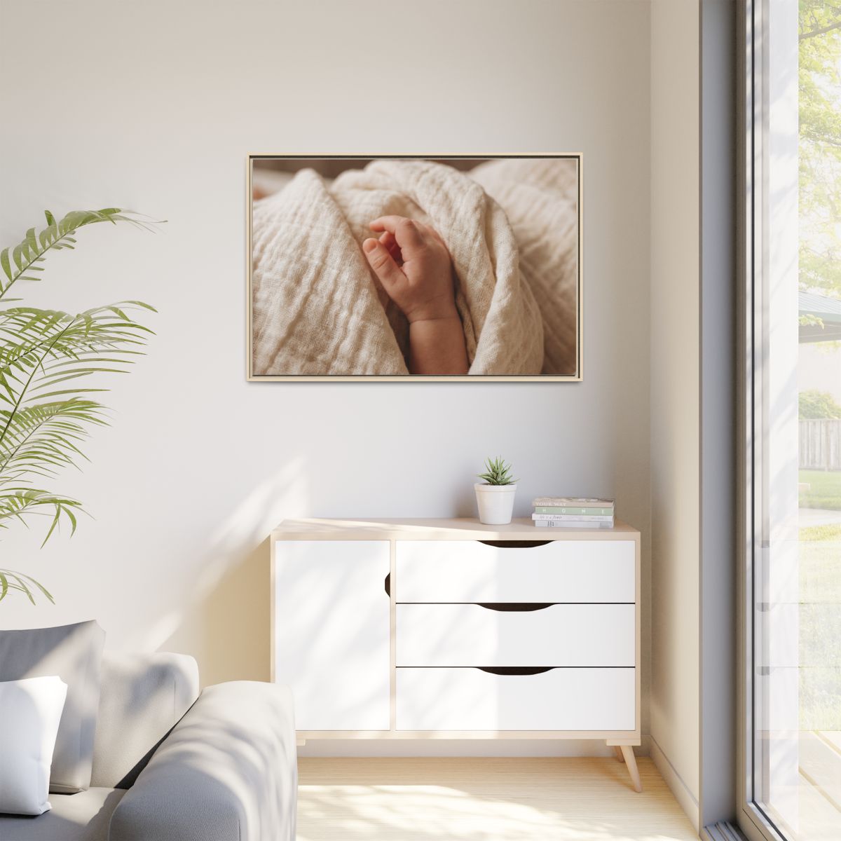 Matte Canvas, Framed - Tender Newborn Hand in Soft Muslin......