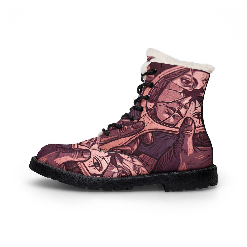 Men's Fur Leather Boots Shattered Mirror Art