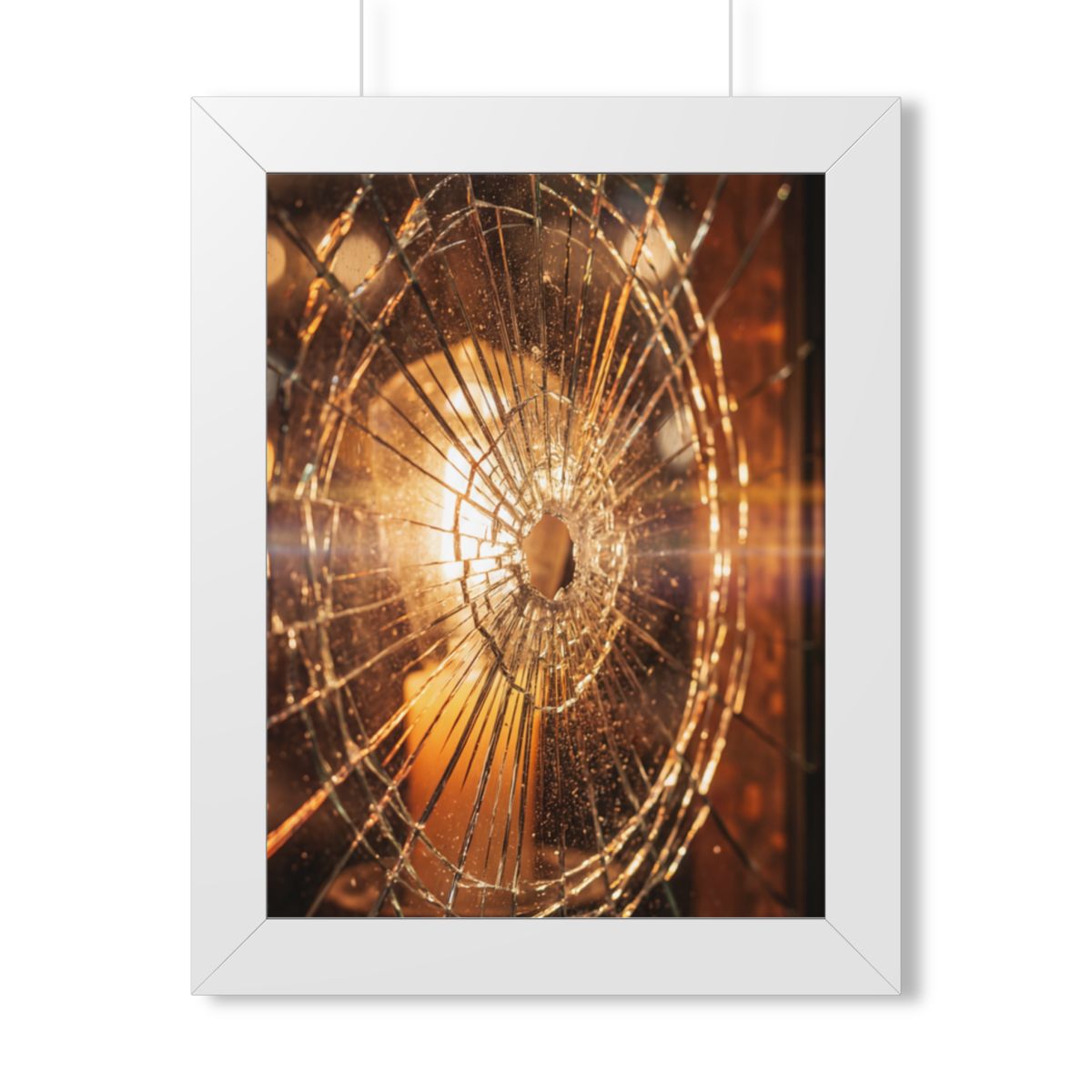 Framed Vertical Poster - Shattered Amber Glass Art — White...