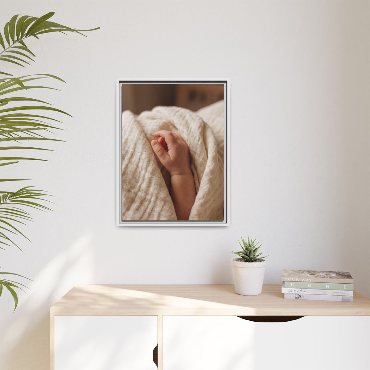 Matte Canvas, Framed - Tender Newborn Hand in Soft Muslin......