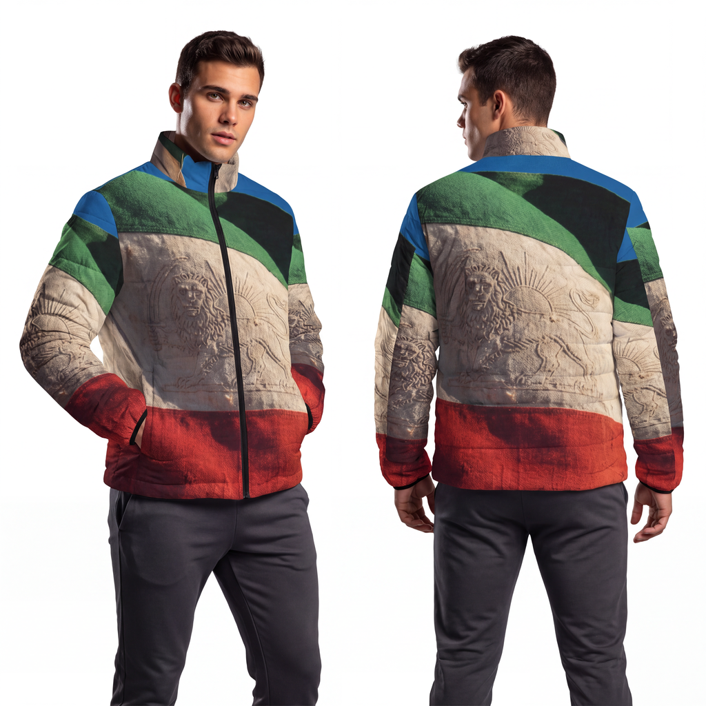 Men's Puffer Jacket - Vintage Persian Lion and Sun Flag Art...