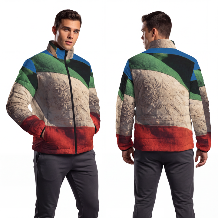 Men's Puffer Jacket - Vintage Persian Lion and Sun Flag Art