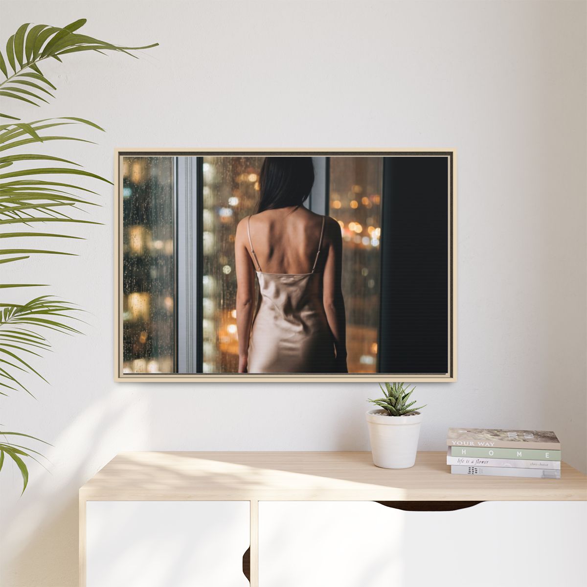 Matte Canvas, Framed - Rainy City lights Glow — Natural /......