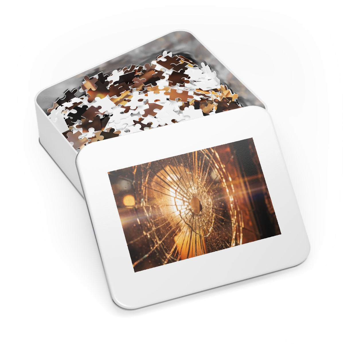 Jigsaw Puzzle with Tin - Golden Fractures Shattered Glass......