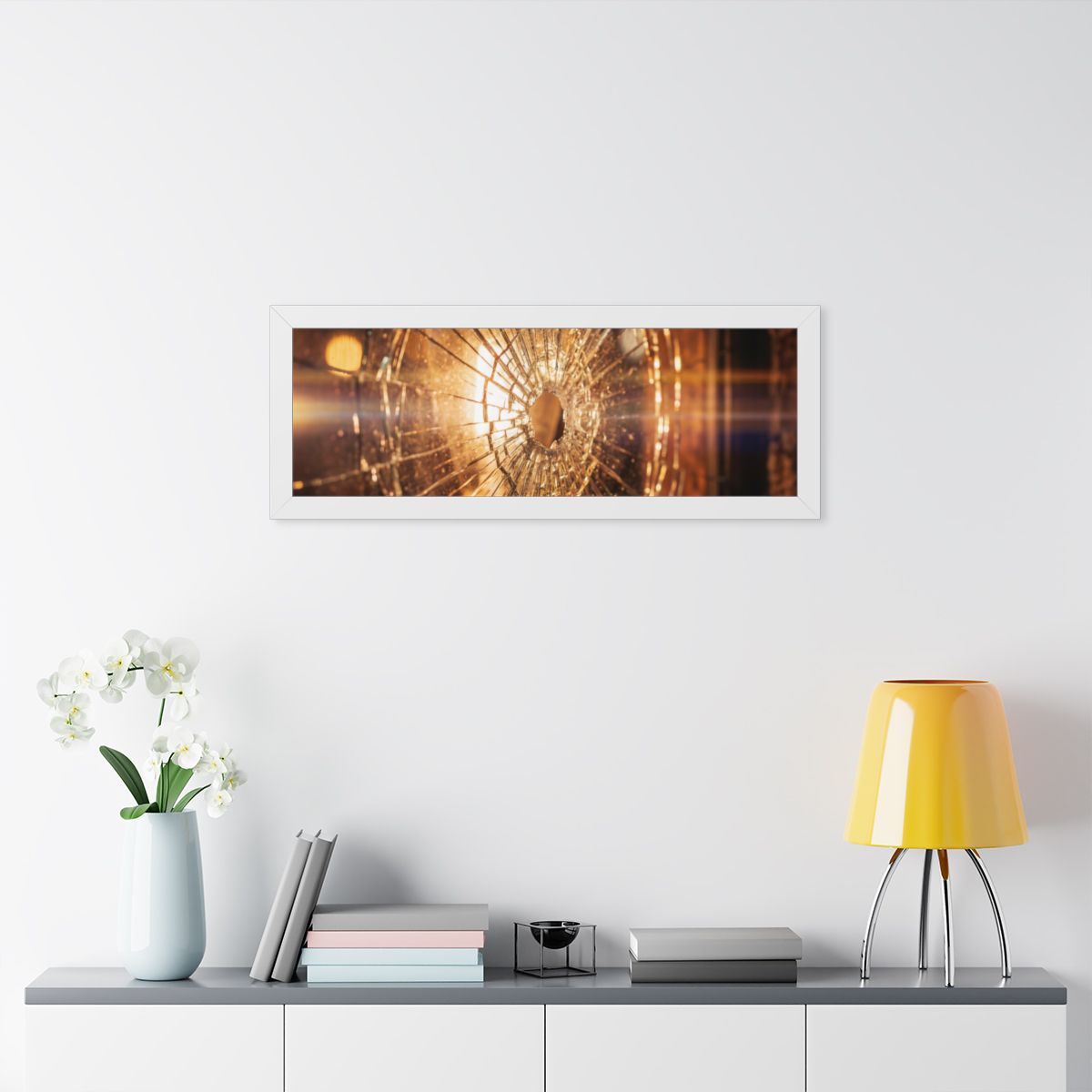 Framed Horizontal Poster - Shattered Amber Glass Art — White...