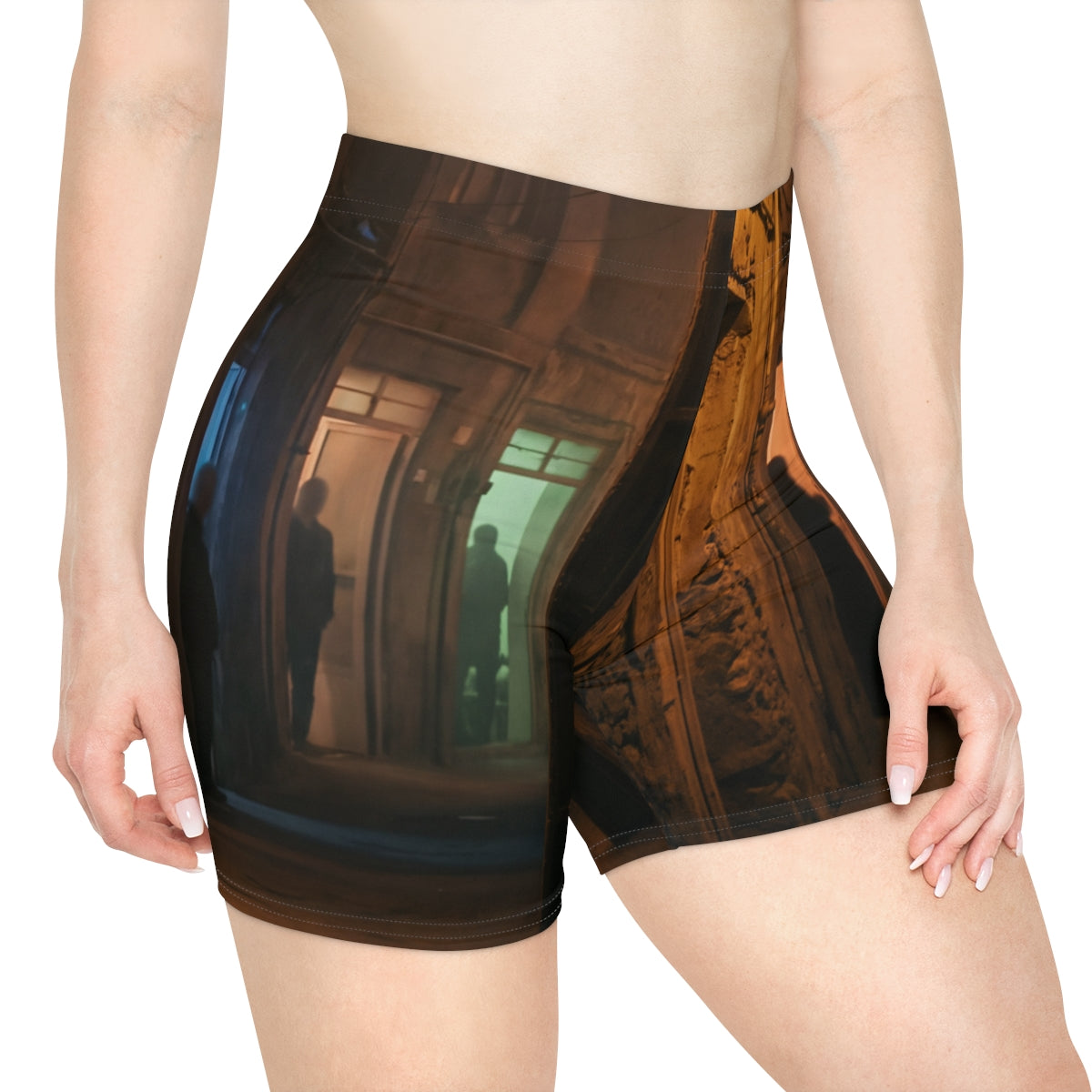 Women's Biker Shorts - Shadowed Alleyway Mystery Art Print |...