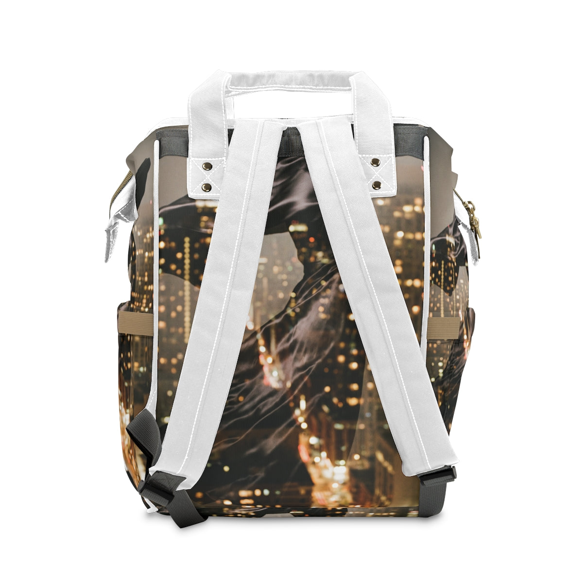 Mochila pañalera urbana con arte de noche y silueta