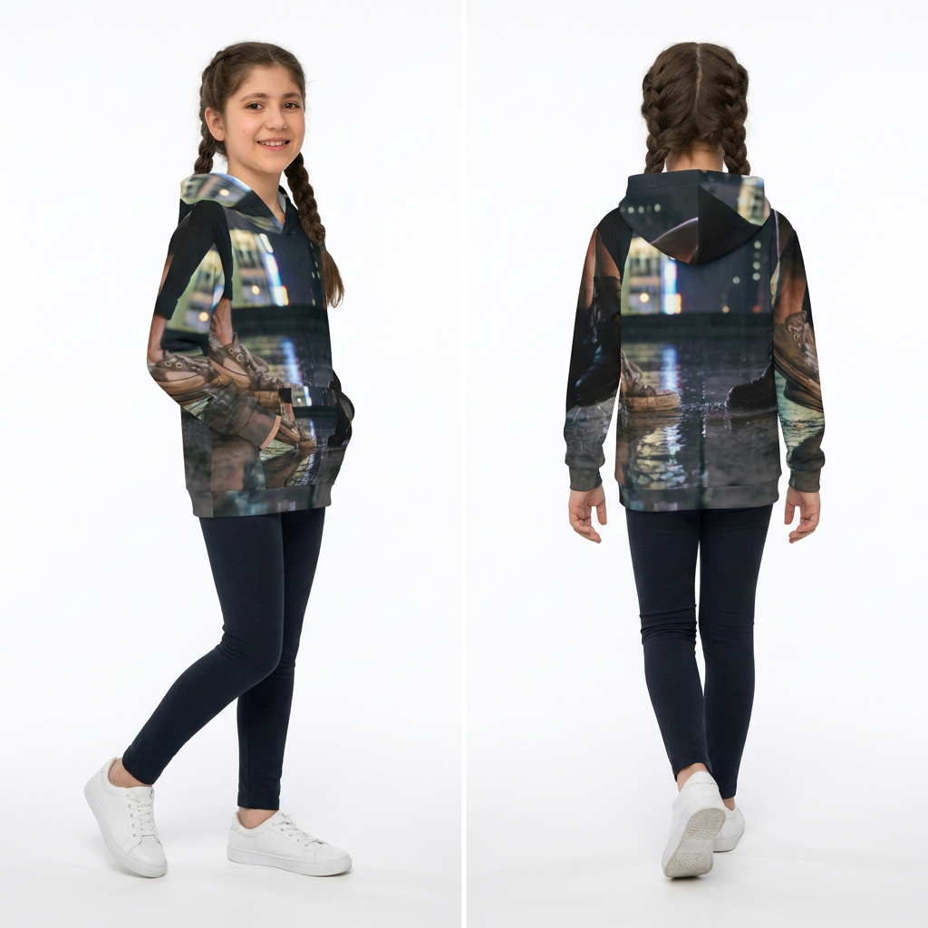 Yağmurlu Şehir Manzaralı Çocuk Kapüşonlu Sweatshirt