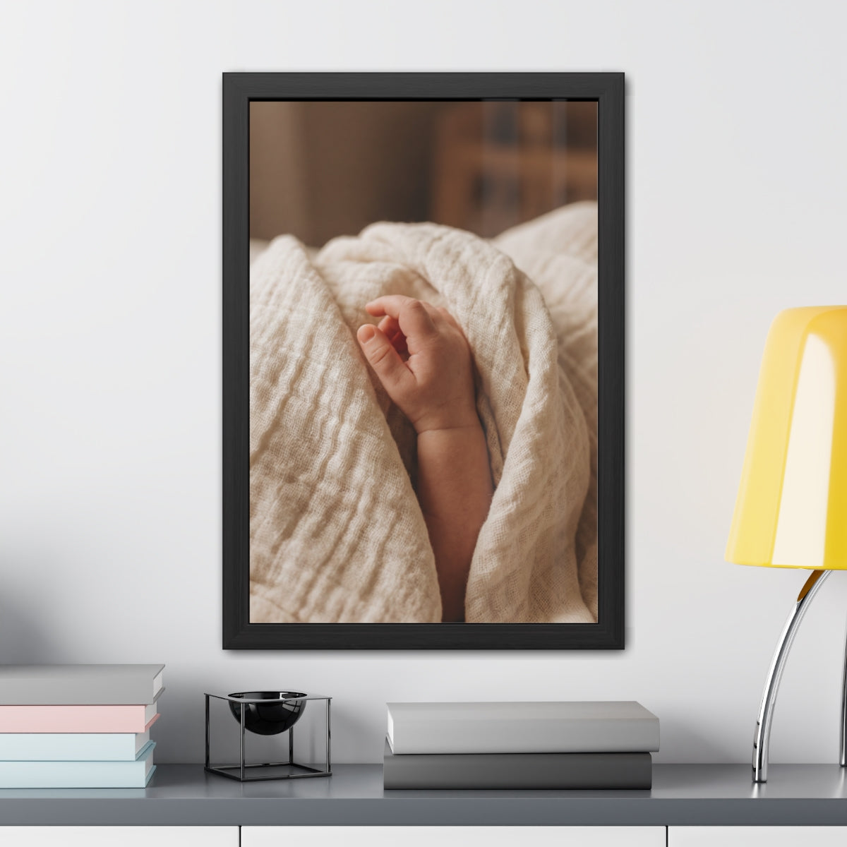 Framed Posters - Tender Newborn Hand in Soft Muslin Blanket...