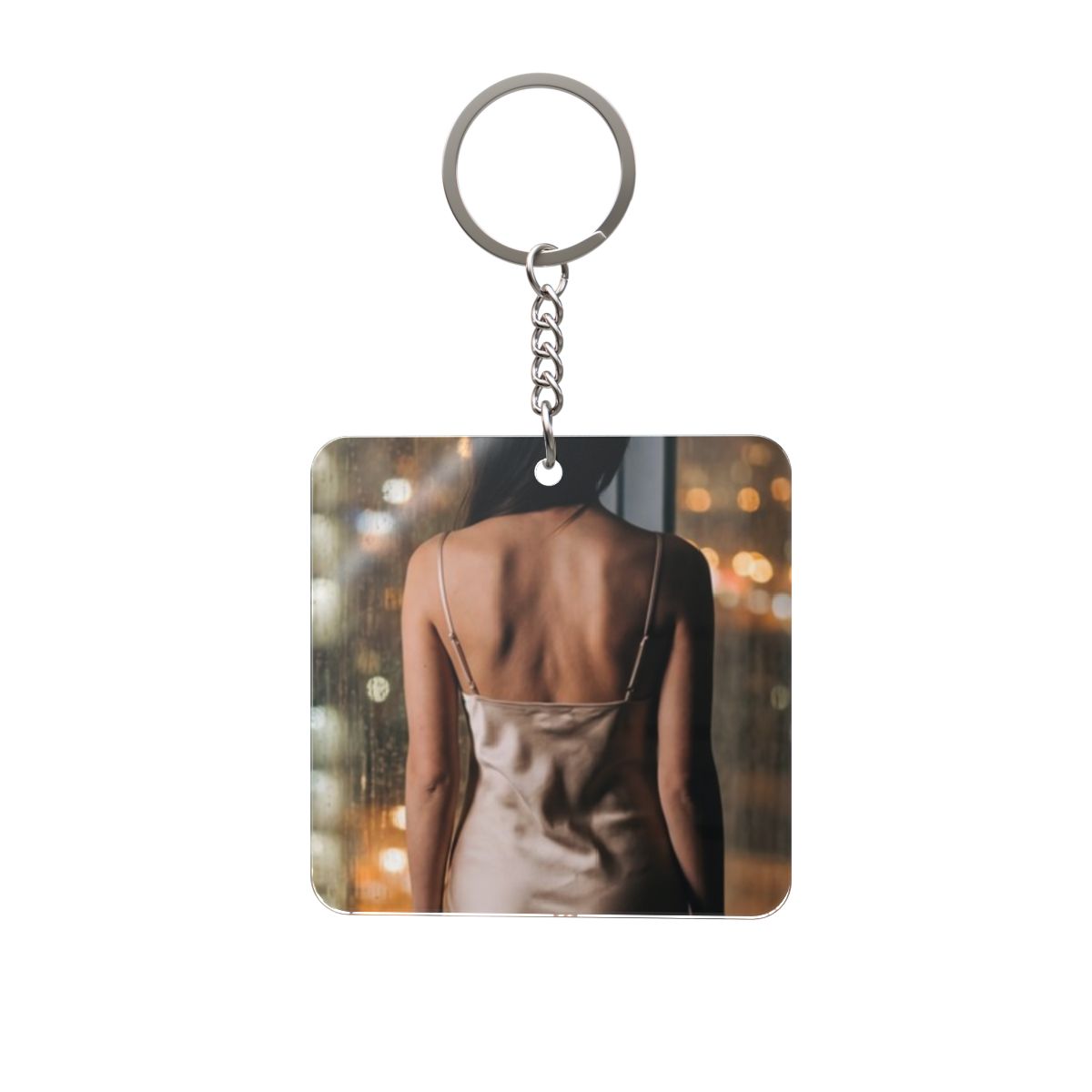 Square Keychain - Shimmering Rainy City | Echovira Gallery