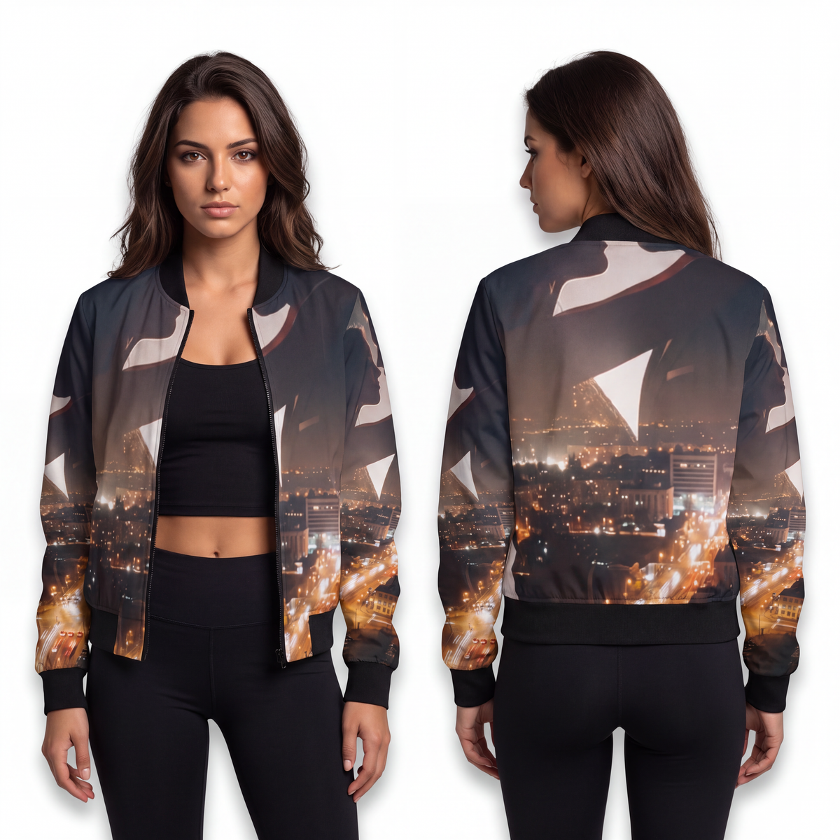 Women's Bomber Jacket - Midnight City Skyline | Echovira...