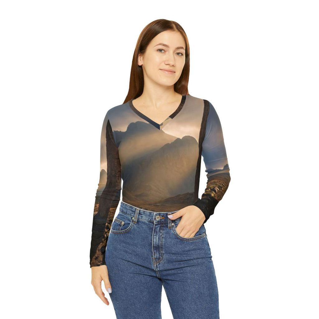 Women's Long Sleeve V-neck Shirt - Mystic Monolith Ancient...