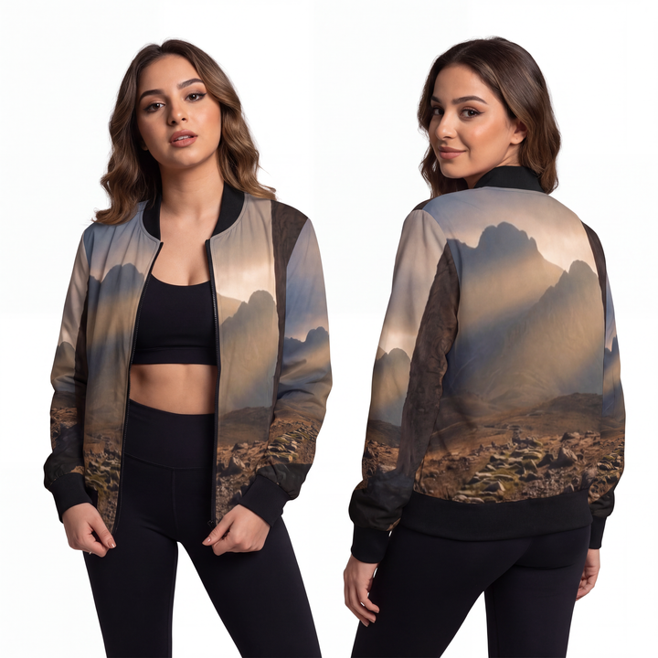 Women's Bomber Jacket - Mystic Monolith Ancient Persian Mountain Art