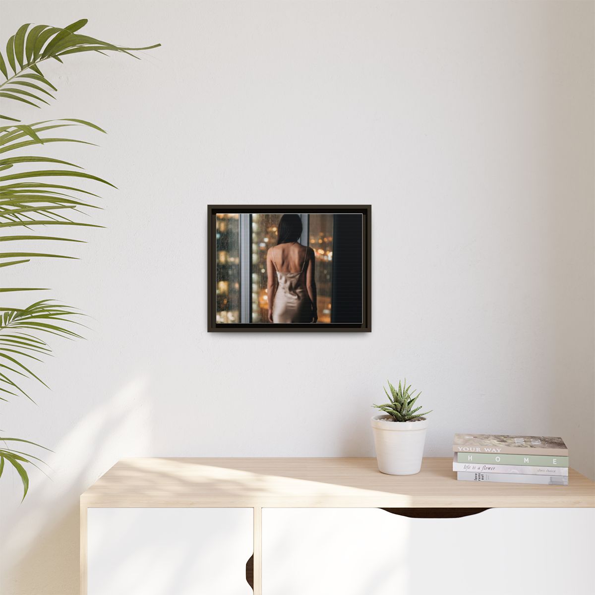 Matte Canvas, Framed - Rainy City lights Glow — Espresso /...