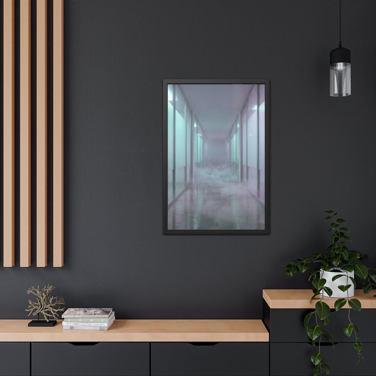 Framed Posters - Liminal Corridor Fog Art Print — Portrait...