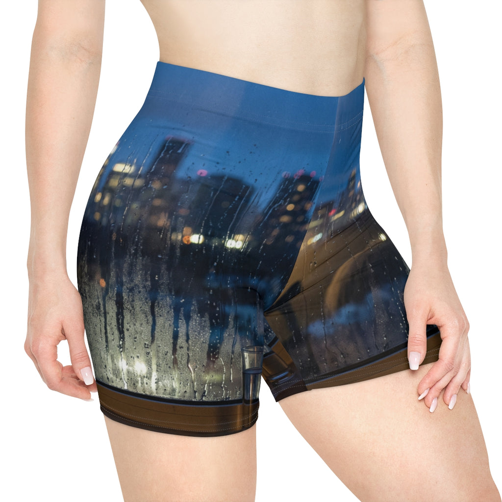 Women's Biker Shorts with Rainy City Skyline Art