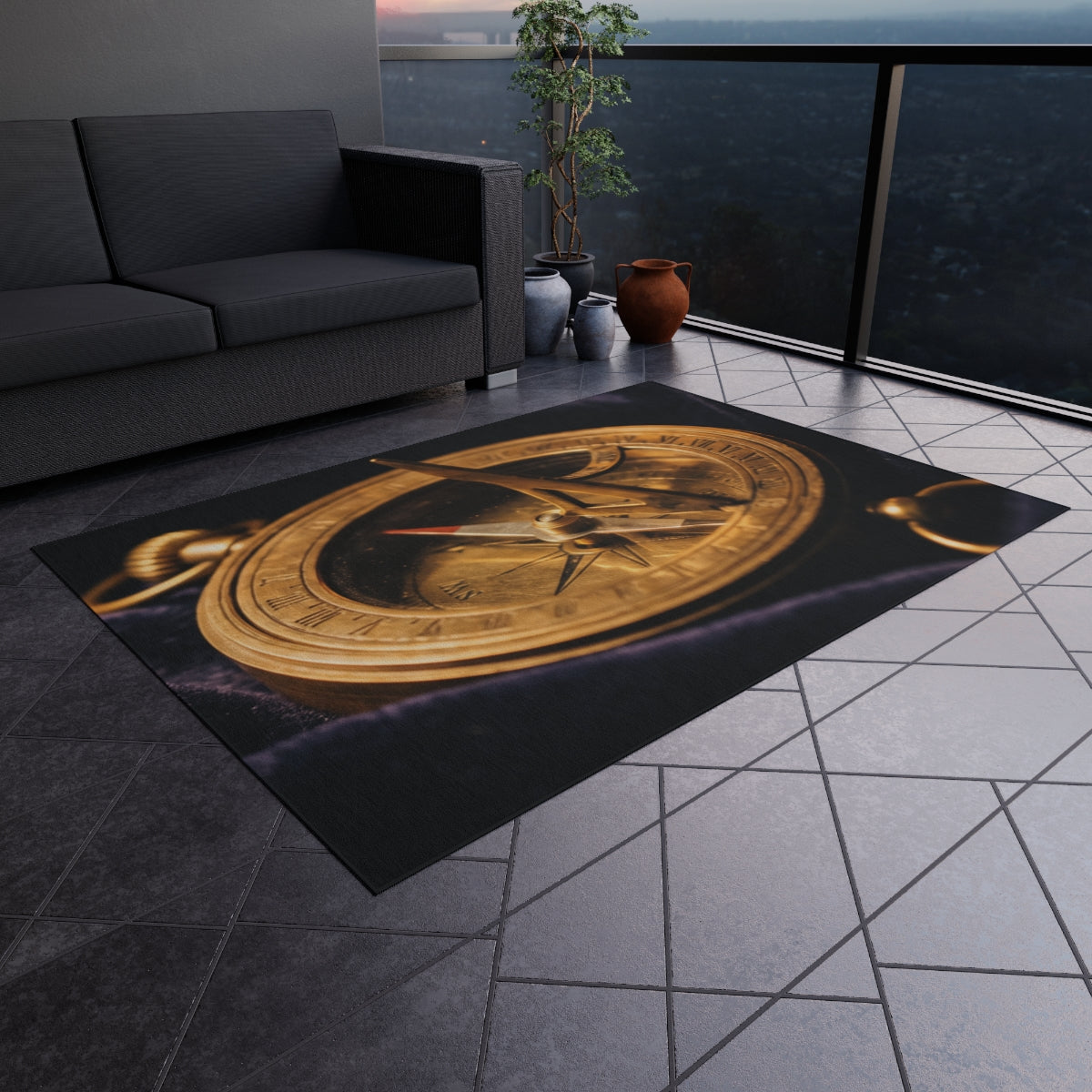 Vintage Brass Sundial Compass Outdoor Rug