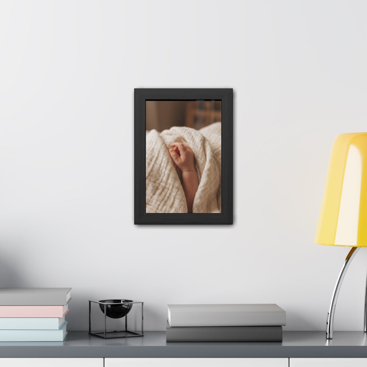 Framed Posters - Tender Newborn Hand in Soft Muslin Blanket...