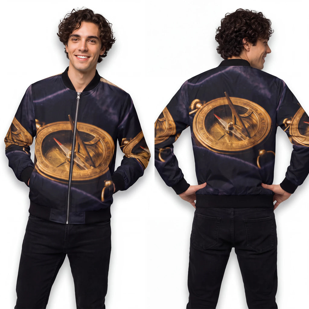 Men's Bomber Jacket with Brass Sundial Art