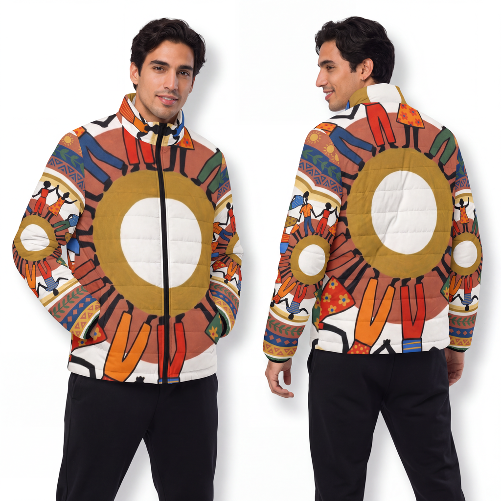 Men's Puffer Jacket - Unity Mandala Folk Art | Echovira...