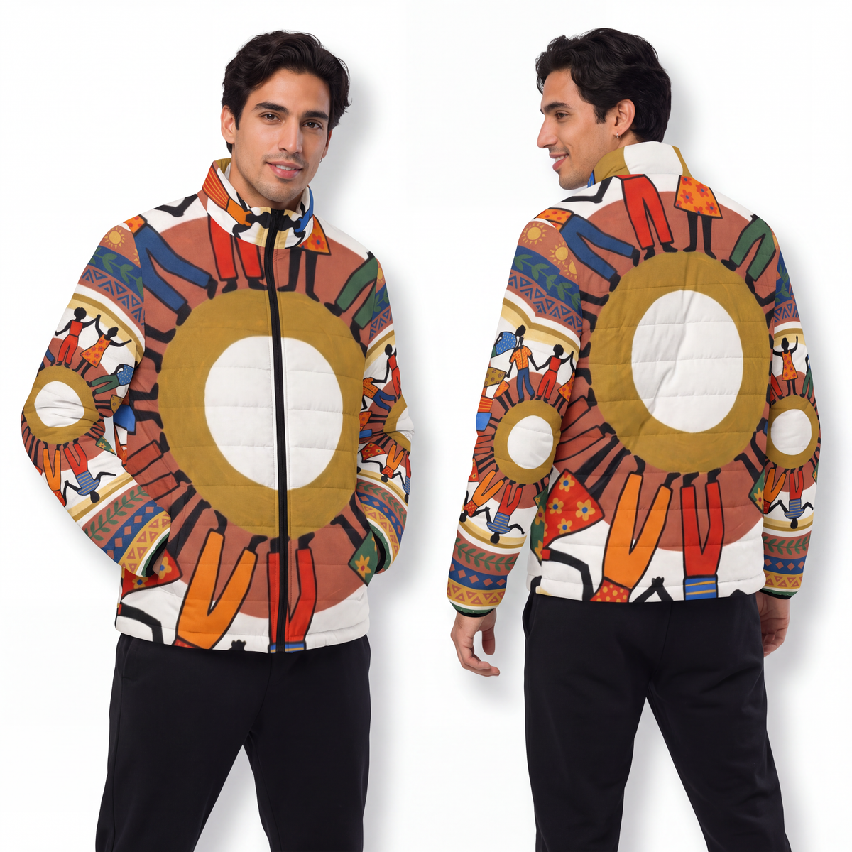 Men's Puffer Jacket - Unity Mandala Folk Art | Echovira...