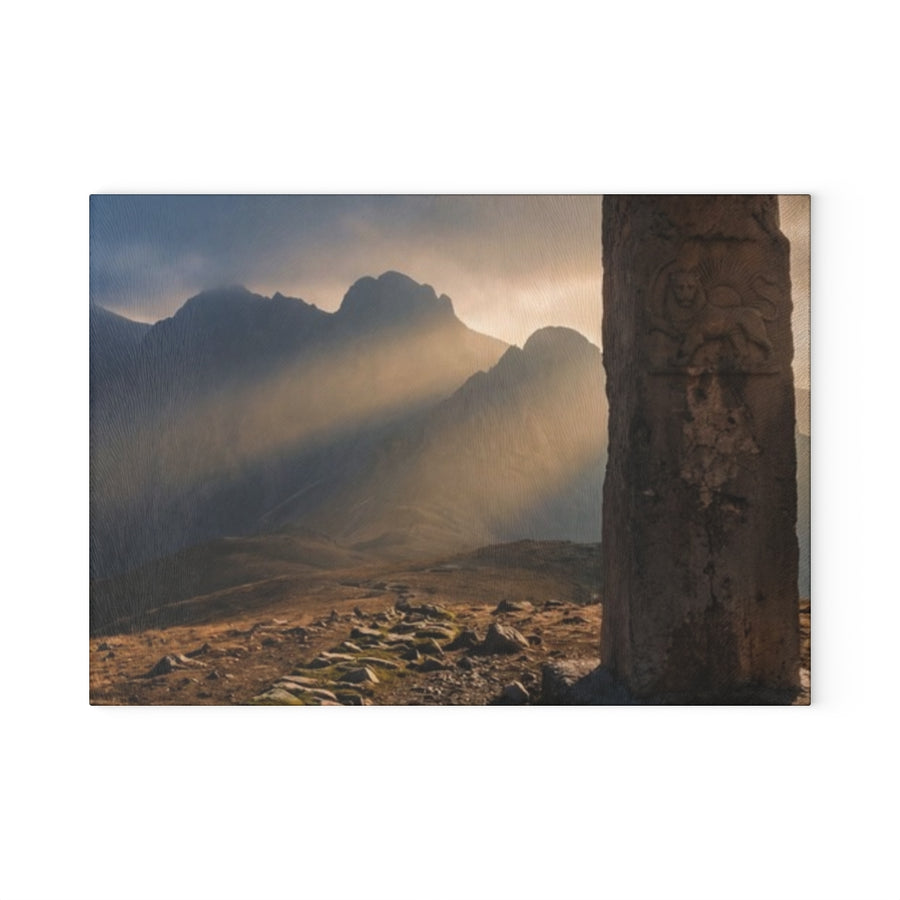 Glass Cutting Board - Mystic Monolith Ancient Persian Mountain Art
