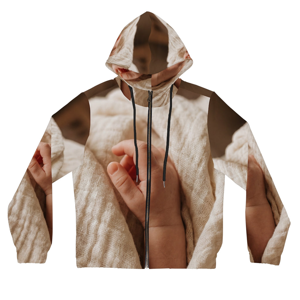 Women's Full-Zip Hoodie - Tender Newborn Hand in Soft Muslin...