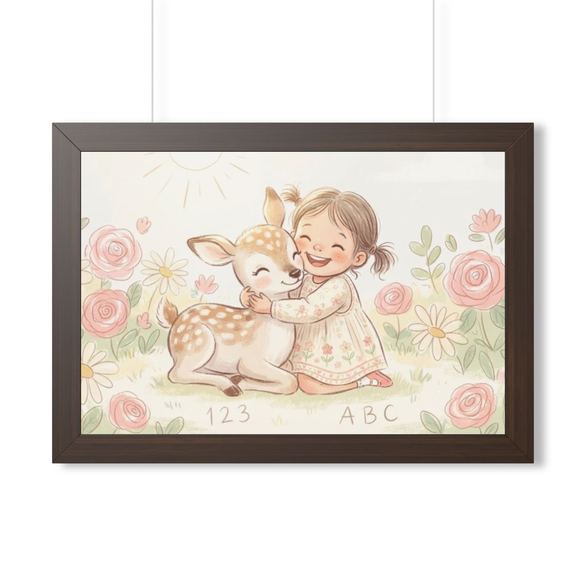 Framed Horizontal Poster - Gentle Hug Meadow Deer Art —... |...
